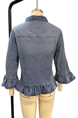 Ruffle Hem 3/4 Sleeve Denim Jacket