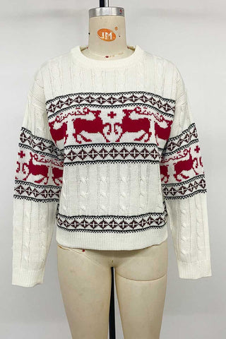 Reindeer Motif Crew Neck Cable Knit Sweater