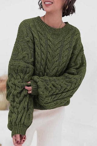 Cable Knit Crew Neck Balloon Sleeve Sweater