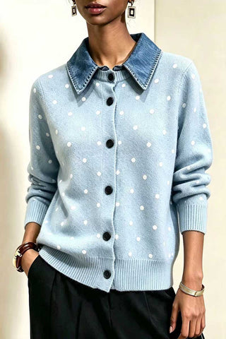 Polka Dot Knit Cardigan with Denim Collar
