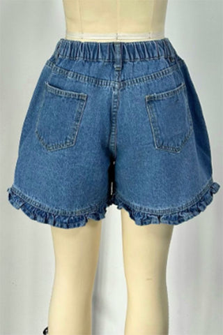 Ruffle-Hem High-Waist Denim Shorts