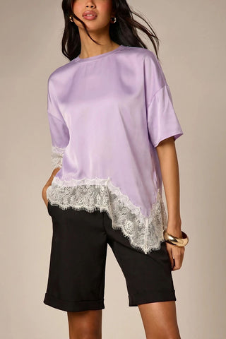 Satin Crew Neck Lace Trim T-Shirt