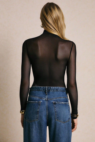 Sheer Mesh Ruched V-Neck Long Sleeve Bodysuit