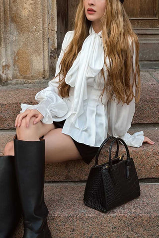 Tie-Neck Smocked Cuff Pleated Blouse