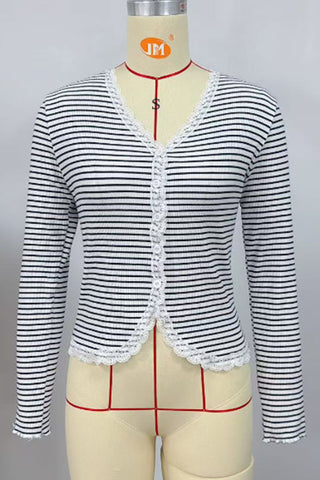 Striped Lace Trim V-Neck Blouse