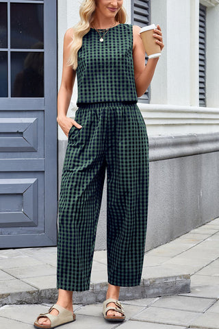 Sleeveless Plaid High-Waist Pants Set