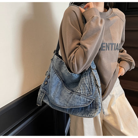 Button Denim Hobo Bag