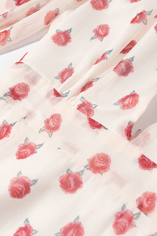 Floral Puff Sleeve Ruffle V-Neck Dress