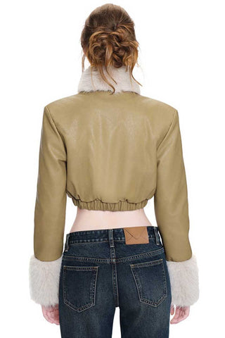 Faux Fur Trim Double-Breasted Crop Jacket