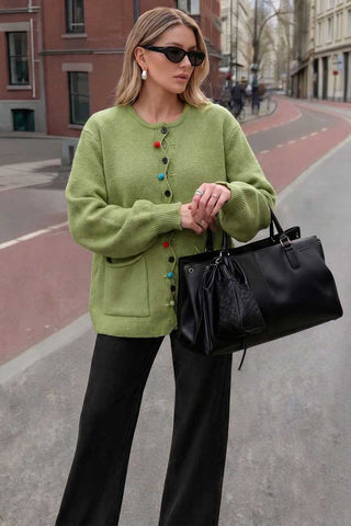 Colorful Button Crew Neck Knit Cardigan