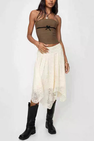 Sheer Lace Asymmetrical Midi Skirt