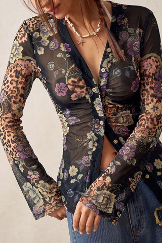 Sheer Floral Print Button-Front Blouse
