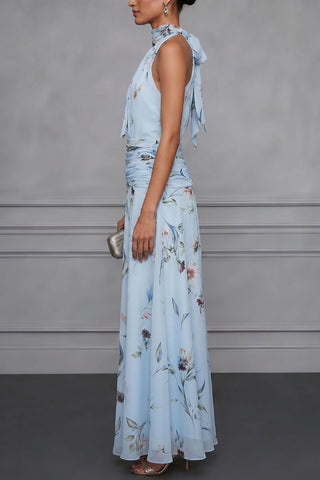 Floral Halter Ruched Maxi Dress