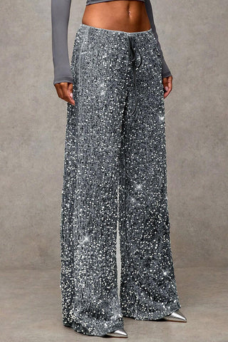 Sequin Drawstring Wide-Leg Casual Pants