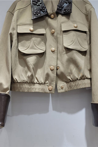Floral Collar Button-Front Bomber Jacket