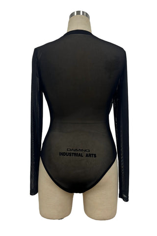Sheer Mesh Ruched V-Neck Long Sleeve Bodysuit