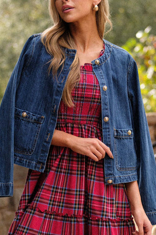 Plaid Ruffle Square Neck Midi Dress