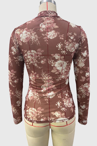 Sheer Floral Mock Neck Long Sleeve Blouse