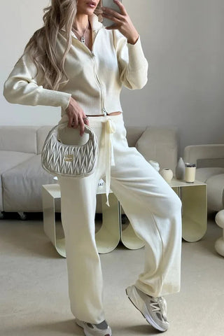 Zip-Front Mock Neck Knit Pants Set