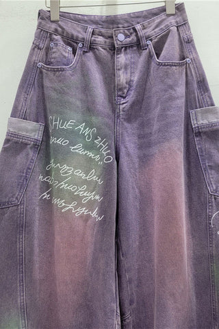 Graphic Script Pocket Baggy Jeans
