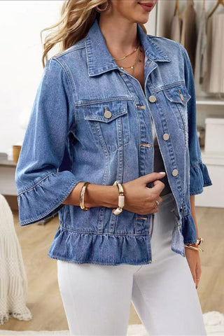Ruffle Hem 3/4 Sleeve Denim Jacket