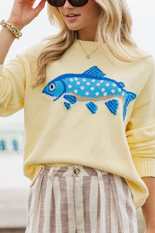 Fish Intarsia Crew Neck Knit Sweater