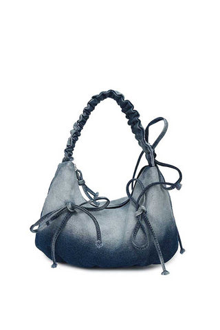 Ruched Handle Drawstring Denim Hobo Bag
