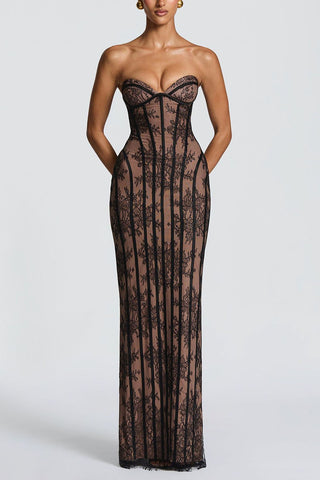 Floral Lace Strapless Maxi Dress