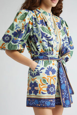 Floral Belted Puff-Sleeve Romper