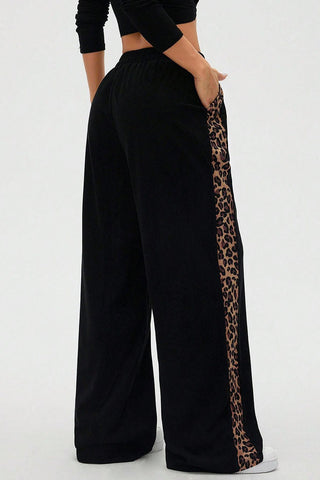 Leopard Print Side Stripe Wide Leg Casual Pants