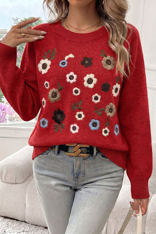 Floral Applique Crew Neck Sweater