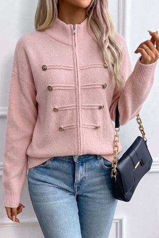Zip-Front Mock Neck Knit Cardigan