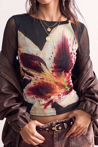 Sheer Mesh Floral Print Long Sleeve Top