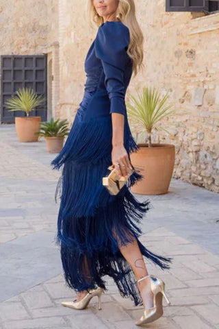 V-Neck Puff Sleeve Tiered Fringe Dress
