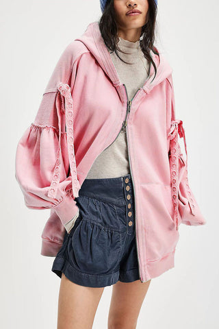 Tie-Sleeve Puff Zip-Up Hoodie