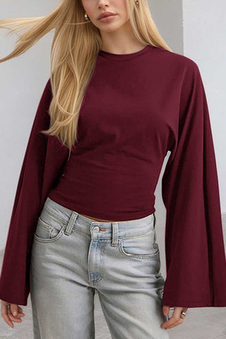 Long Sleeve Bell Sleeve Crew Neck Crop Top