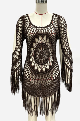 Crochet Fringe Bell Sleeve Mini Dress
