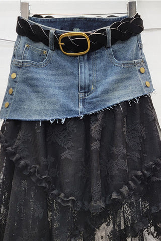 Belted Denim Skirt with Lace Overlay
