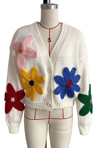 Floral Applique V-Neck Button-Front Cardigan