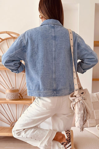Pearl-Pocket Zip-Front Denim Jacket