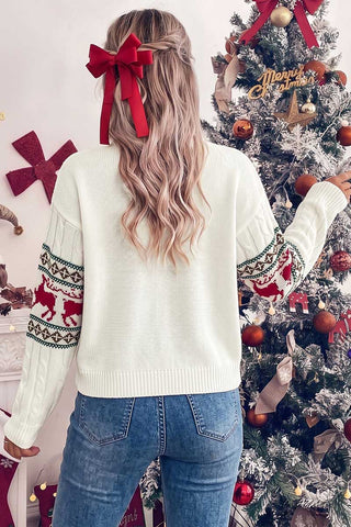Reindeer Motif Crew Neck Cable Knit Sweater