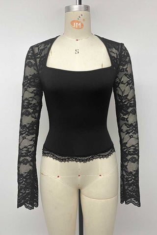 Lace Sleeve Square Neck Crop Blouse