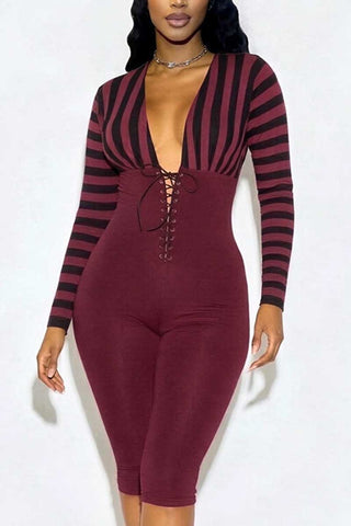 Striped V-Neck Lace-Up Bodycon Romper