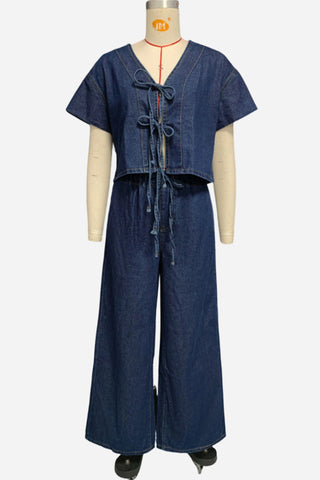 Tie-Front Denim Wide-Leg Pants Set