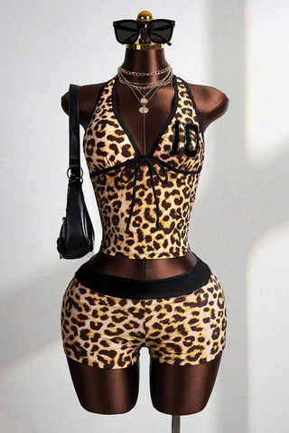 Leopard Print Halter Numbered Short Set