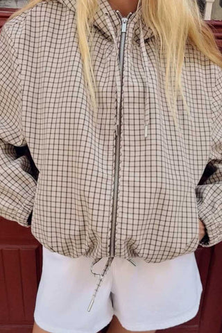 Plaid Zip-Up Drawstring Waist Jacket