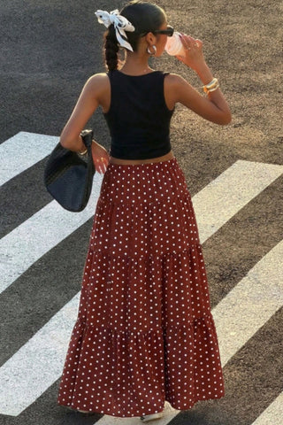 Polka Dot Tiered Drawstring Maxi Skirt