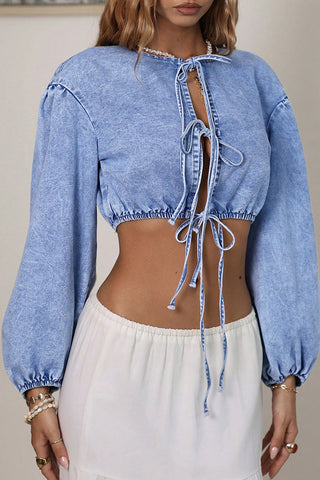 Lace-Up Puff Sleeve Denim Jacket