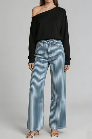 Striped High-Waist Straight Jeans