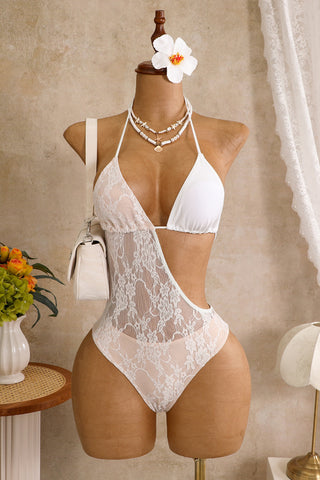 Lace Overlay One-Shoulder Swimsuit